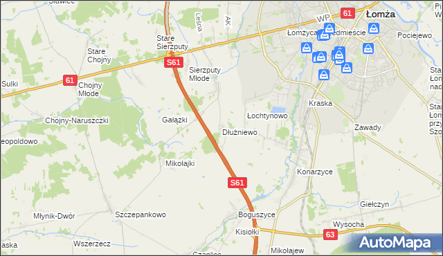 mapa Dłużniewo gmina Łomża, Dłużniewo gmina Łomża na mapie Targeo