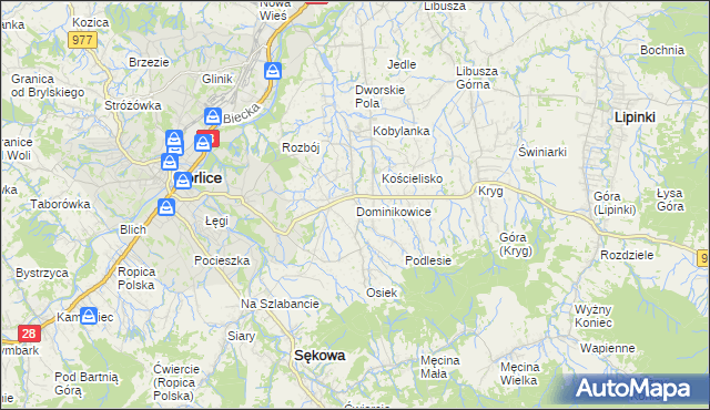 mapa Dominikowice gmina Gorlice, Dominikowice gmina Gorlice na mapie Targeo