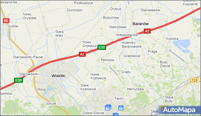 mapa Feliksów gmina Wiskitki, Feliksów gmina Wiskitki na mapie Targeo