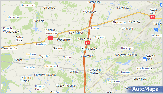 mapa Franciszków gmina Wolanów, Franciszków gmina Wolanów na mapie Targeo