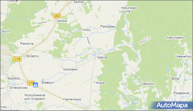 mapa Gębice gmina Czarnków, Gębice gmina Czarnków na mapie Targeo