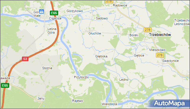mapa Głęboka gmina Trzebiechów, Głęboka gmina Trzebiechów na mapie Targeo