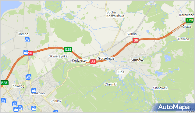 mapa Gorzebądz gmina Sianów, Gorzebądz gmina Sianów na mapie Targeo