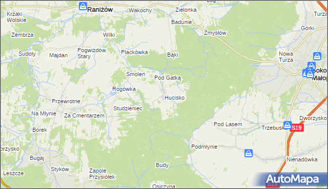 mapa Hucisko gmina Głogów Małopolski, Hucisko gmina Głogów Małopolski na mapie Targeo