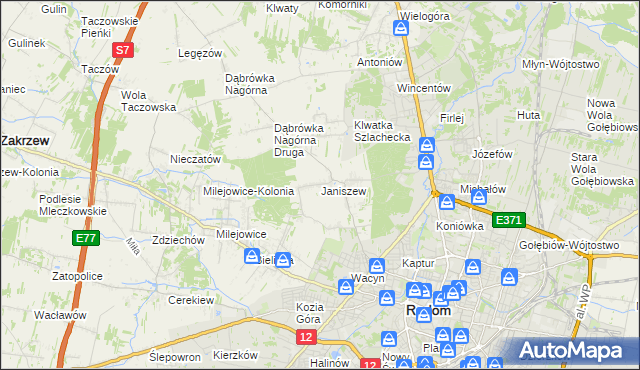 mapa Janiszew gmina Zakrzew, Janiszew gmina Zakrzew na mapie Targeo