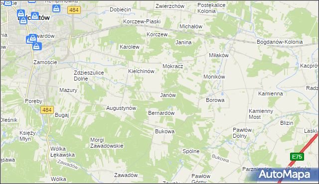 mapa Janów gmina Bełchatów, Janów gmina Bełchatów na mapie Targeo