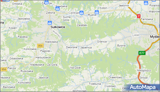 mapa Jasienica gmina Myślenice, Jasienica gmina Myślenice na mapie Targeo