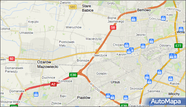 mapa Jawczyce gmina Ożarów Mazowiecki, Jawczyce gmina Ożarów Mazowiecki na mapie Targeo