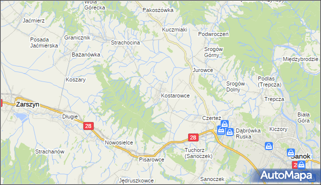 mapa Kostarowce, Kostarowce na mapie Targeo