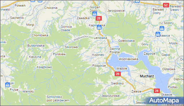 mapa Koziniec gmina Mucharz, Koziniec gmina Mucharz na mapie Targeo