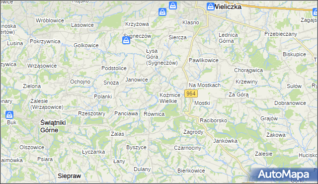 mapa Koźmice Wielkie, Koźmice Wielkie na mapie Targeo