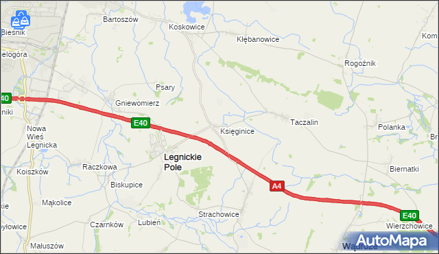 mapa Księginice gmina Legnickie Pole, Księginice gmina Legnickie Pole na mapie Targeo