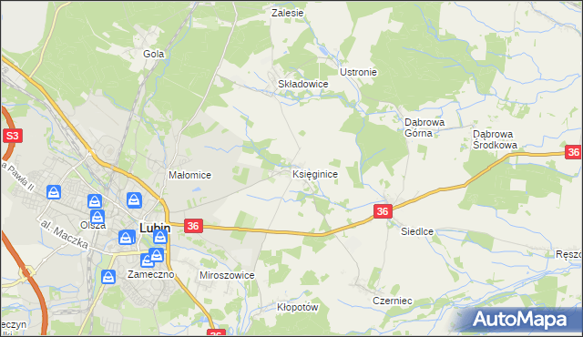 mapa Księginice gmina Lubin, Księginice gmina Lubin na mapie Targeo