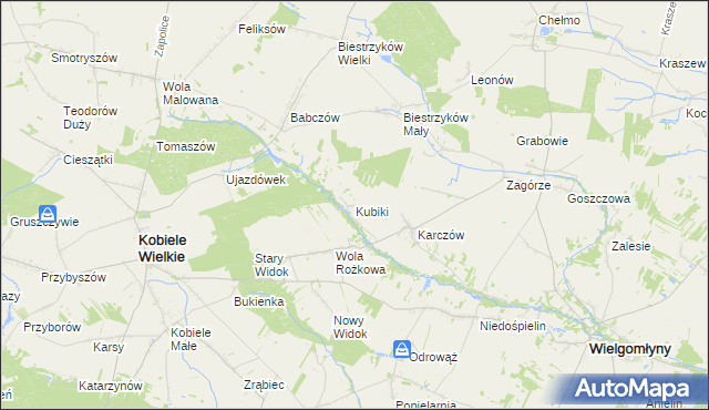 mapa Kubiki gmina Wielgomłyny, Kubiki gmina Wielgomłyny na mapie Targeo