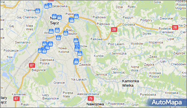 mapa Kunów gmina Chełmiec, Kunów gmina Chełmiec na mapie Targeo