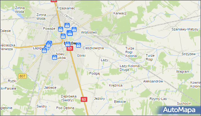mapa Łazy gmina Łuków, Łazy gmina Łuków na mapie Targeo