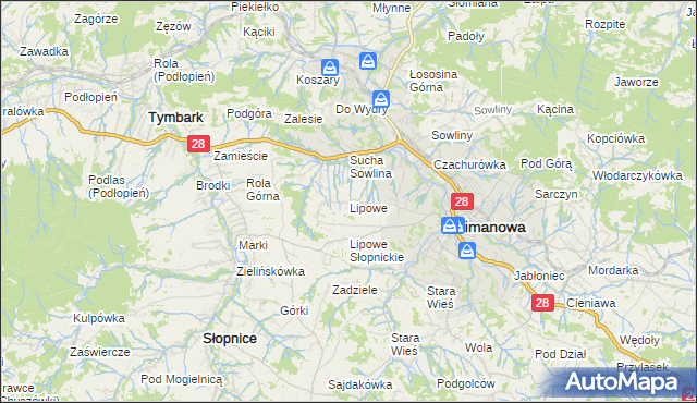 mapa Lipowe gmina Limanowa, Lipowe gmina Limanowa na mapie Targeo