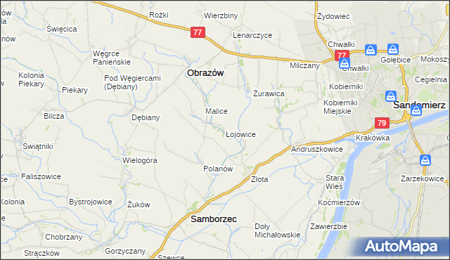 mapa Łojowice gmina Samborzec, Łojowice gmina Samborzec na mapie Targeo