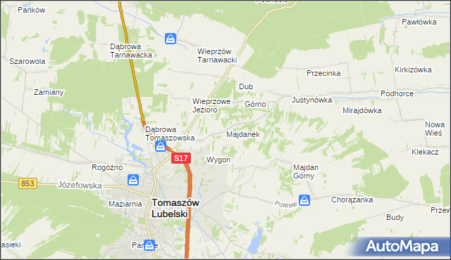 mapa Majdanek gmina Tomaszów Lubelski, Majdanek gmina Tomaszów Lubelski na mapie Targeo