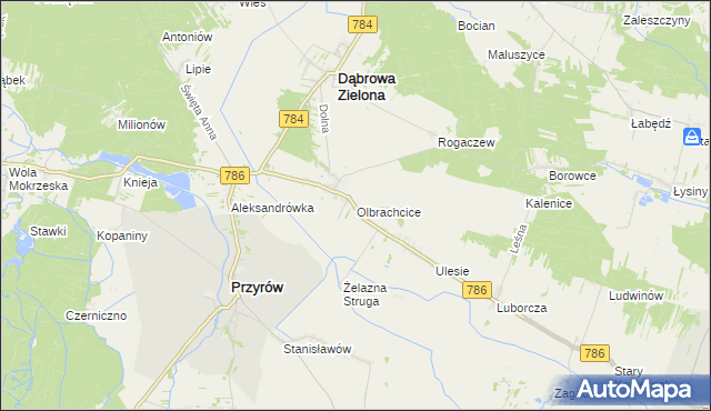 mapa Olbrachcice gmina Dąbrowa Zielona, Olbrachcice gmina Dąbrowa Zielona na mapie Targeo