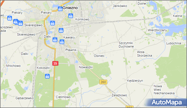 mapa Osiniec gmina Gniezno, Osiniec gmina Gniezno na mapie Targeo