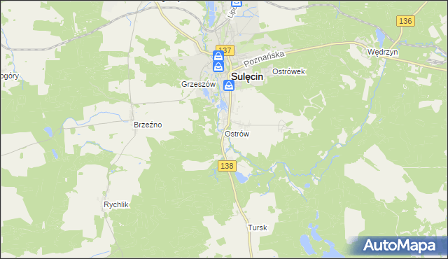 mapa Ostrów gmina Sulęcin, Ostrów gmina Sulęcin na mapie Targeo