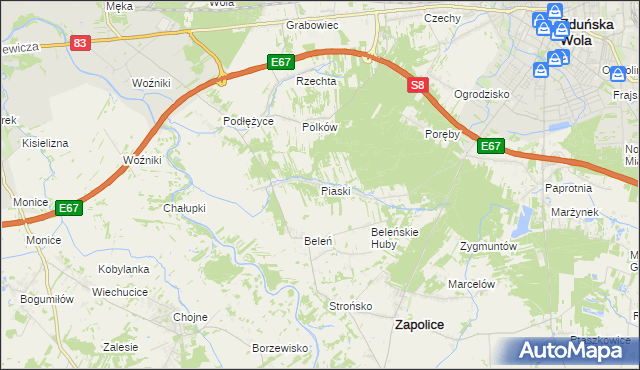 mapa Piaski gmina Zduńska Wola, Piaski gmina Zduńska Wola na mapie Targeo
