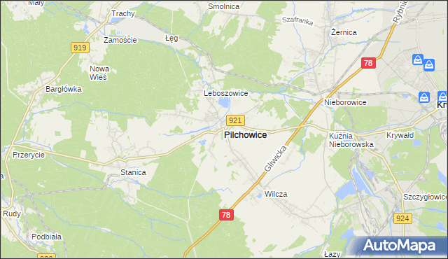 mapa Pilchowice powiat gliwicki, Pilchowice powiat gliwicki na mapie Targeo