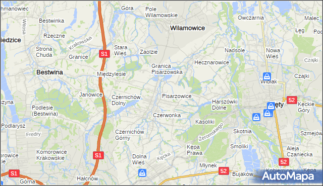 mapa Pisarzowice gmina Wilamowice, Pisarzowice gmina Wilamowice na mapie Targeo