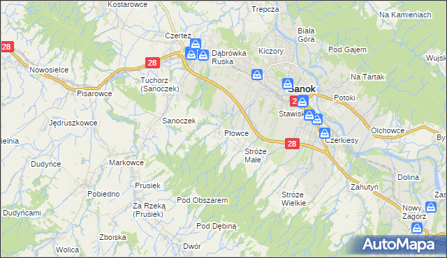 mapa Płowce gmina Sanok, Płowce gmina Sanok na mapie Targeo