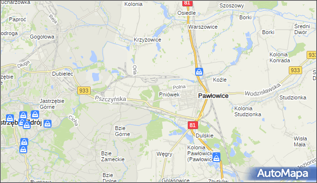 mapa Pniówek gmina Pawłowice, Pniówek gmina Pawłowice na mapie Targeo