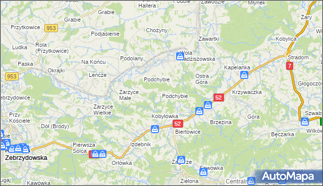 mapa Podchybie gmina Lanckorona, Podchybie gmina Lanckorona na mapie Targeo