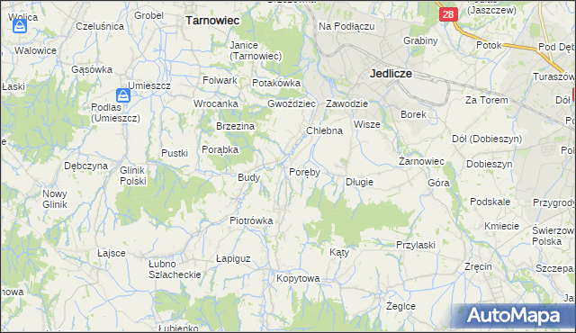 mapa Poręby gmina Jedlicze, Poręby gmina Jedlicze na mapie Targeo