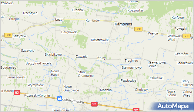 mapa Prusy gmina Kampinos, Prusy gmina Kampinos na mapie Targeo