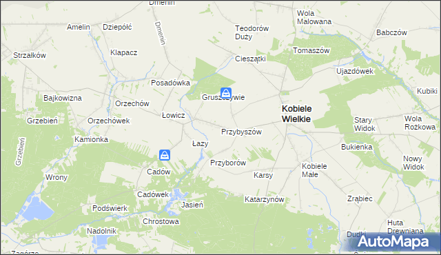 mapa Przybyszów gmina Kobiele Wielkie, Przybyszów gmina Kobiele Wielkie na mapie Targeo