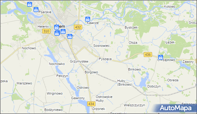 mapa Pysząca gmina Śrem, Pysząca gmina Śrem na mapie Targeo