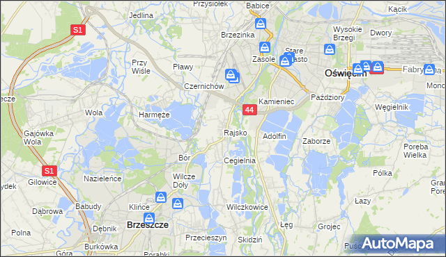 mapa Rajsko gmina Oświęcim, Rajsko gmina Oświęcim na mapie Targeo