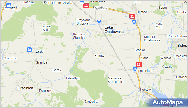 mapa Raków gmina Łęka Opatowska, Raków gmina Łęka Opatowska na mapie Targeo