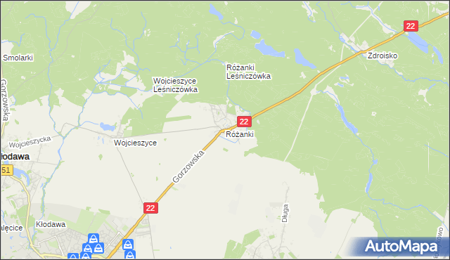 mapa Różanki gmina Kłodawa, Różanki gmina Kłodawa na mapie Targeo