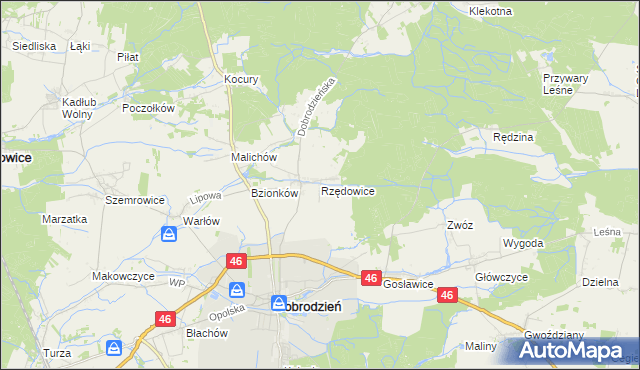 mapa Rzędowice gmina Dobrodzień, Rzędowice gmina Dobrodzień na mapie Targeo