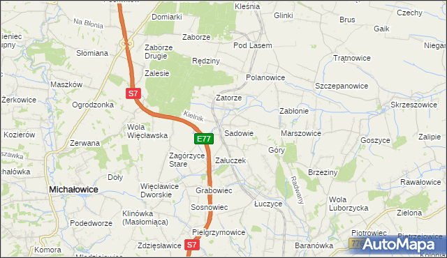 mapa Sadowie gmina Kocmyrzów-Luborzyca, Sadowie gmina Kocmyrzów-Luborzyca na mapie Targeo