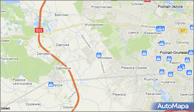 mapa Skórzewo gmina Dopiewo, Skórzewo gmina Dopiewo na mapie Targeo