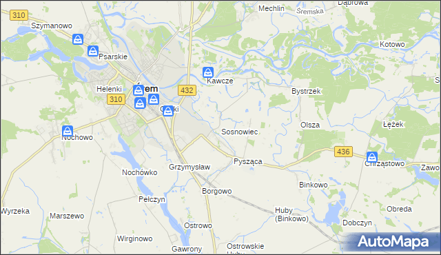 mapa Sosnowiec gmina Śrem, Sosnowiec gmina Śrem na mapie Targeo
