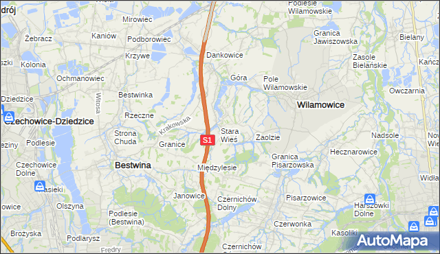 mapa Stara Wieś gmina Wilamowice, Stara Wieś gmina Wilamowice na mapie Targeo