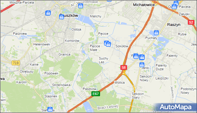 mapa Suchy Las gmina Michałowice, Suchy Las gmina Michałowice na mapie Targeo
