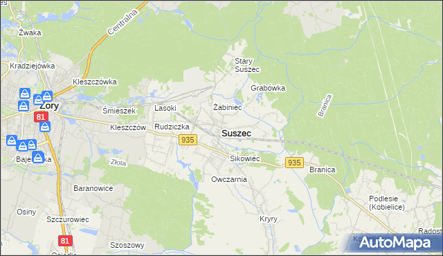 mapa Suszec powiat pszczyński, Suszec powiat pszczyński na mapie Targeo