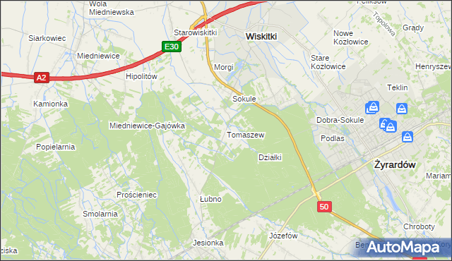 mapa Tomaszew gmina Wiskitki, Tomaszew gmina Wiskitki na mapie Targeo