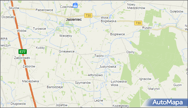 mapa Tworki gmina Jasieniec, Tworki gmina Jasieniec na mapie Targeo