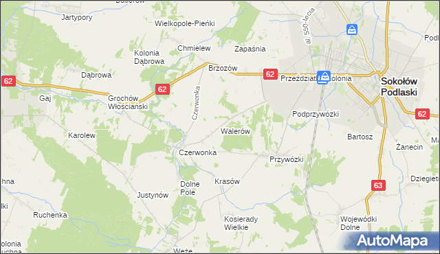 mapa Walerów gmina Sokołów Podlaski, Walerów gmina Sokołów Podlaski na mapie Targeo