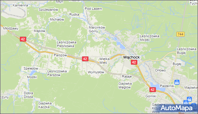 mapa Wielka Wieś gmina Wąchock, Wielka Wieś gmina Wąchock na mapie Targeo